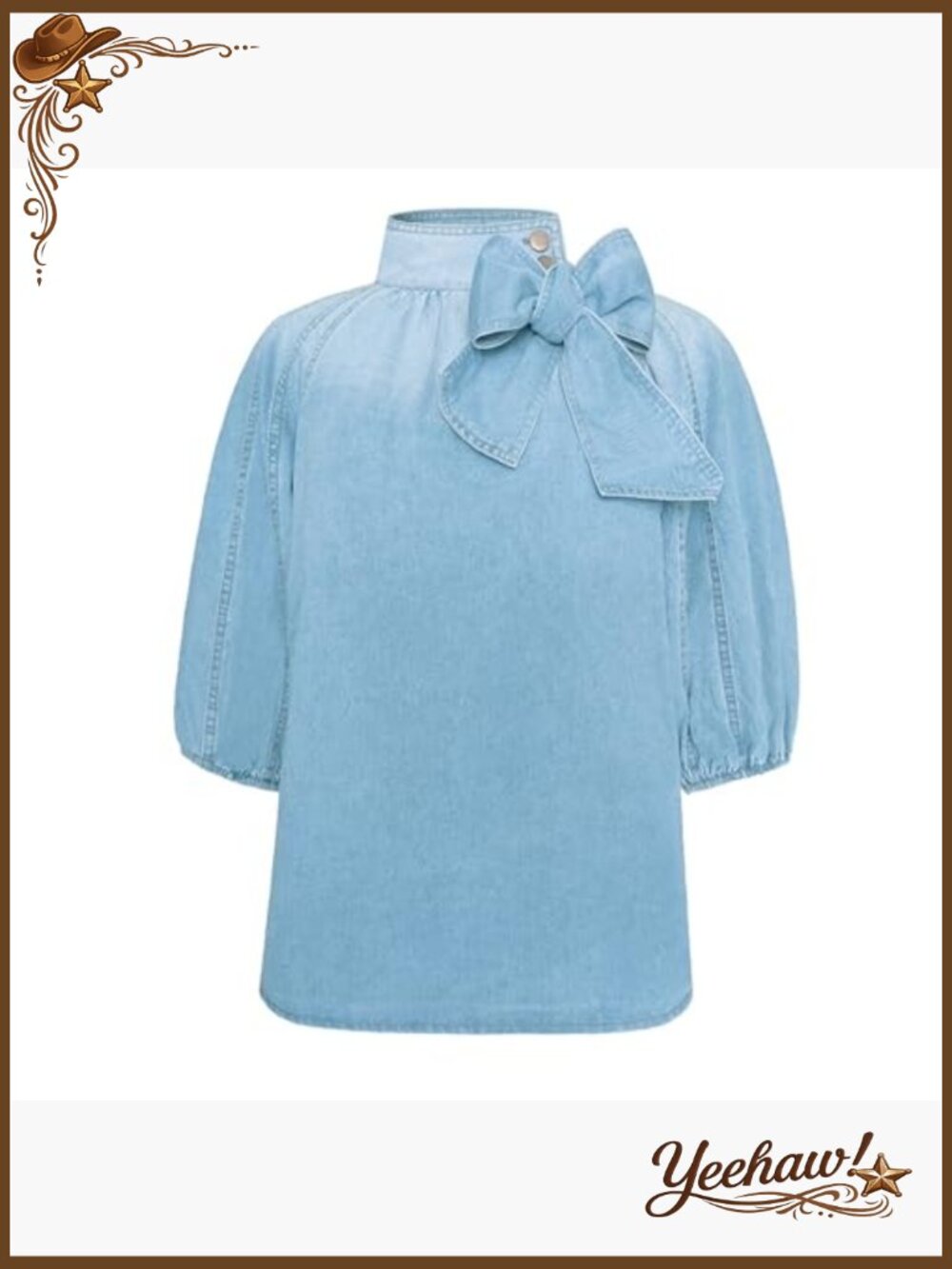 Women's Denim Pullover Top Bow Button Mock Neck Puff Sleeve Jacket - Picture 6 of 7